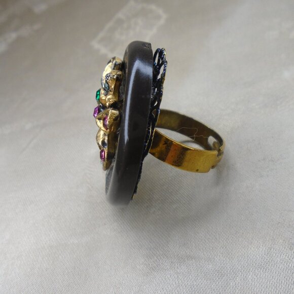 Dragonfly Ring with Vintage Dragonfly, Big Statement Jewelry, Rhinestones - Picture 5 of 10